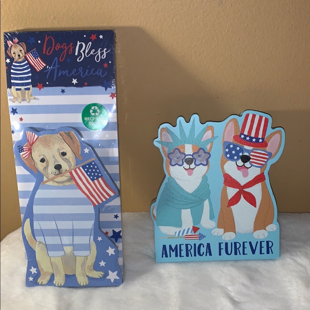 July 4th Patriotic Dog-Themed Decor Set Tabletop Sign & 2 Notepads NEW